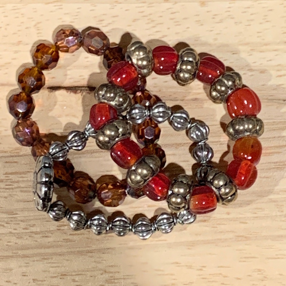 Boho Beaded Stretch Bracelet 3 Pc Red Amber Silver Tone Flower Charm Glass Beads